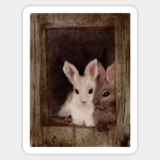 Bunny Love Two watercolor bunnies lounging in a barn Sticker